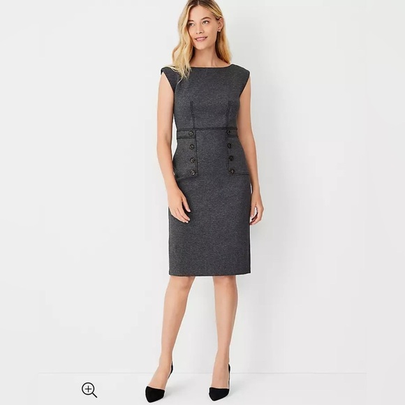 Ann Taylor Womens Gray Sheath Midi Dress Sz 10P Button Detail Nautical Workwear - Picture 1 of 14